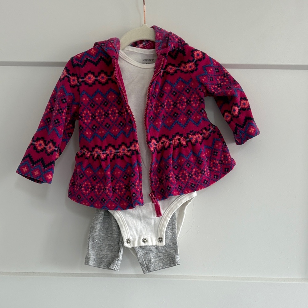 Carter’s Girls Pink & Purple Patterned Hooded Jacket, Shirt & Pants Matching Set